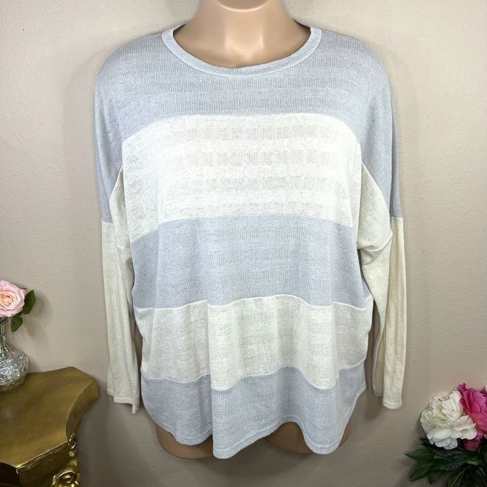 3x Peach Love California Grey & White Striped Long Sleeve Sweater Stretch Plus